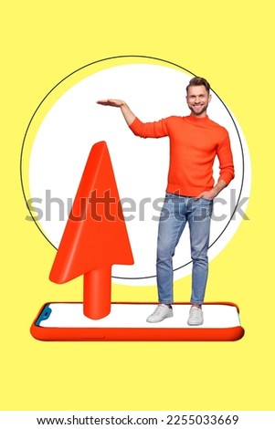 Vertical photo collage of young positive entrepreneur businessman stay smartphone screen growing high red arrow isolated on yellow background