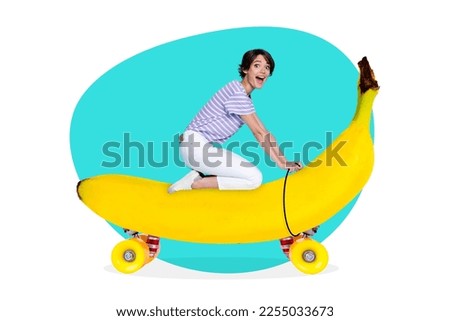Creative template collage ads of funny youth girl ride modern longboard banana decorated