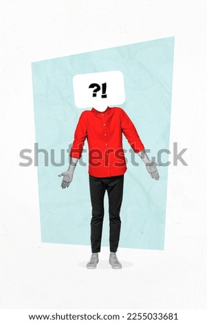 Creative template collage of freak young guy worker businessman solving difficult problem question mark instead face Royalty-Free Stock Photo #2255033681