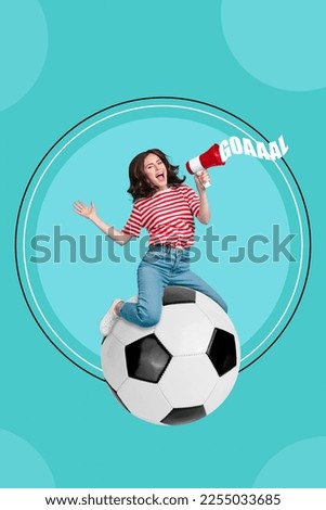 Vertical collage image of excited funky girl sit huge football hold loudspeaker scream goal isolated on drawing background