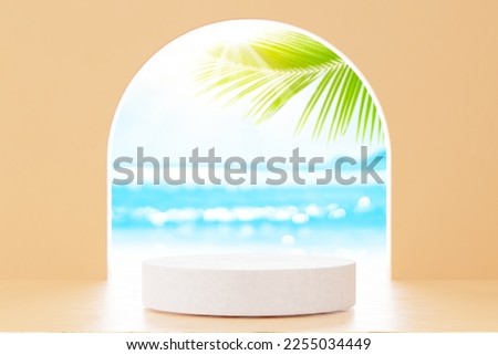 3d podium with copy space for product display presentation on palm beach abstract background. Tropical summer and vacation concept. Graphic art design.