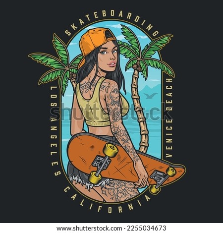 Hot girl skateboarder colorful flyer hipster character with tattoo stands on beach with palm trees and skateboarding board vector illustration