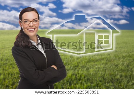 Smiling Woman in Grass Field with Ghosted House Figure Behind.