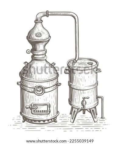 Alcohol ethanol production, distillery. Vintage distillation apparatus sketch. Retro alcohol machine vector illustration Royalty-Free Stock Photo #2255039149