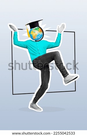 Vertical collage picture of excited overjoyed black white gamma guy planet earth globe instead head isolated on creative background
