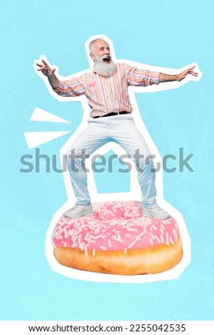 Vertical collage picture of funky overjoyed grandfather flying surfing big glazed donut isolated on blue background
