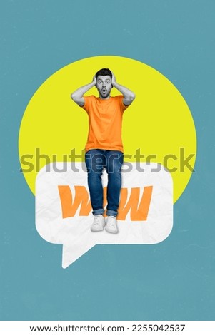 Template magazine collage of amazed young guy sit big huge mind cloud advertising concept