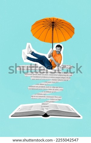 Poster creative collage of funky young guy flying landing parasol into open printed textbook learning materials
