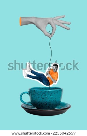 Vertical collage image of huge black white colors arm fingers hold string mini excited guy hanging above tea cup isolated on creative background
