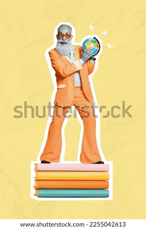 Vertical collage picture of excited funky grandfather stand huge pile stack book hands hold planet earth globe isolated on creative background