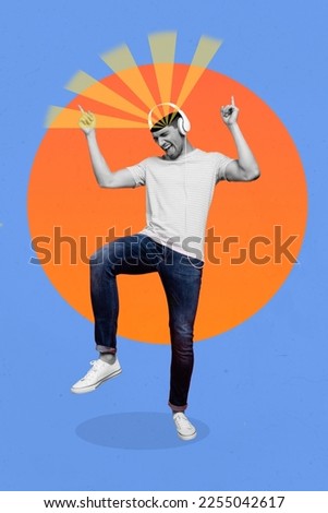 Creative sketch magazine collage of cool youth guy listen rock pop radio song dance use modern headset