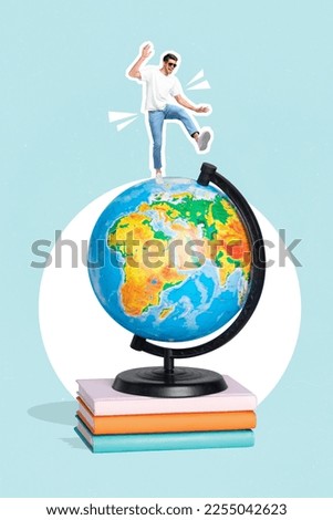 Vertical collage picture of excited funky person stand top big earth planet globe dancing isolated on creative background