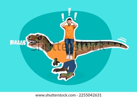 Advert magazine template collage of shocked guy ride travel giant dinosaur unexpected discount concept