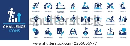 Challenge icon set. Containing mission, competition, obstacle, battle, problem solving, teamwork, overcoming and triumph icons. Solid icon collection. Royalty-Free Stock Photo #2255056979