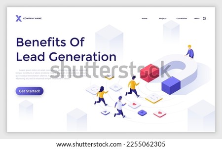 Benefits of Lead Generation isometric landing page template. Attracting prospects to business and products process. Increase sales with advertisement illustration. Website design for apps development Royalty-Free Stock Photo #2255062305
