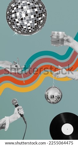 Disco party in night club with dj console and neon dance floor and disco ball. Vector cartoon illustration collage.
