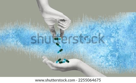 Human hand holds pile of pills and tablets isolated from grey background. Concept of medication treating illness or disorder. Cartoon flat vector illustration.
