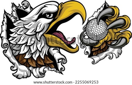 A bald eagle or hawk with claw talons holding a golf ball and ripping or tearing through the background. Sports Mascot