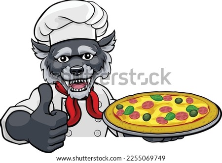 A wolf chef mascot cartoon character holding a pizza peeking round a sign and giving a thumbs up