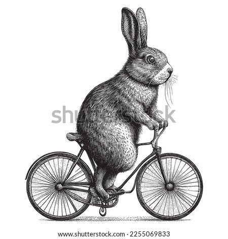 Rabbit Cycling Bicycle Vintage Illustration, Hand drawn rabbit, vector illustration in vintage engraving pen and ink style. Royalty-Free Stock Photo #2255069833