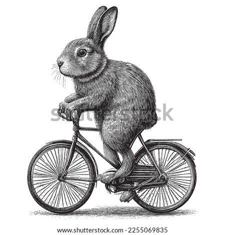 Rabbit Cycling Bicycle Vintage Illustration, Hand drawn rabbit, vector illustration in vintage engraving pen and ink style.