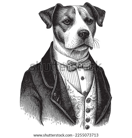 Dog Wearing a Suit Vintage Illustration, Victorian Era, Hand drawn dog, vector illustration in vintage engraving pen and ink style. Royalty-Free Stock Photo #2255073713