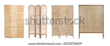Set with different wooden folding screens on white background Royalty-Free Stock Photo #2255078659