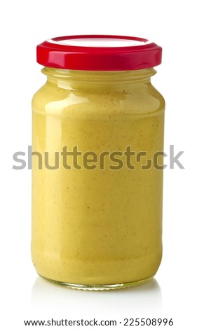 Jar of mustard isolated on white background