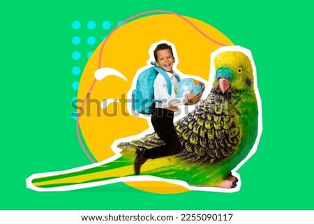 Creative collage picture of excited happy mini child sit flying big parrot bird isolated on painted background