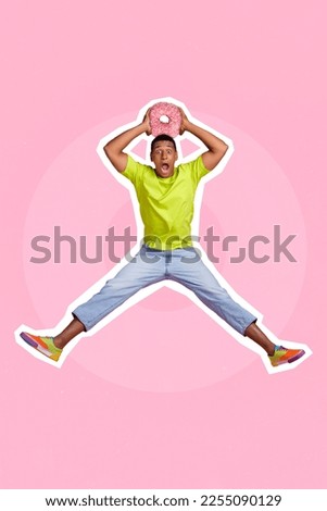 Vertical collage picture of impressed guy arms hold donut above head jumping isolated on pink background