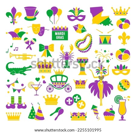 Mardi Gras carnival set icons, design element , flat style. Collection Mardi Gras, mask with feathers, beads, joker, fleur de lis, comedy and tragedy, party decorations. Vector illustration, clip art