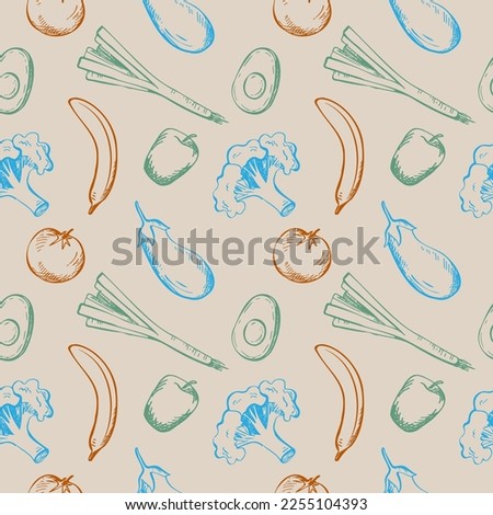 Cute seamless repeating pattern with vegetables, fruits on a beige background. Hand drawn vegetables, fruits for textile, wrapping paper and packaging design