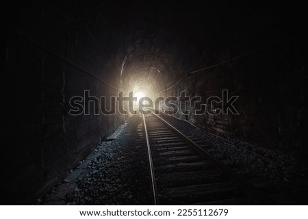 Light at the end of railroad tunnel. Royalty-Free Stock Photo #2255112679