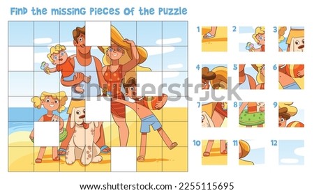 Find the missing pieces of the puzzle. Educational game for children. Choose correct element. Family on vacation at sea. Colorful cartoon characters. Funny vector illustration Royalty-Free Stock Photo #2255115695