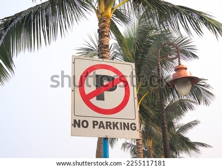 No Parking sign board on a blue pole. Evening sky and coconut trees in background. Tilt up view.