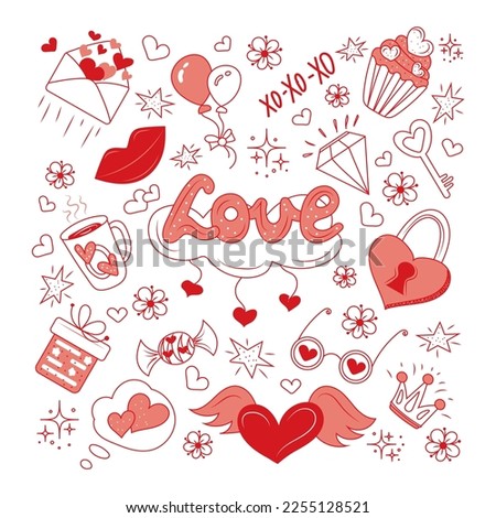 Large set of icons for Valentine's Day, Mother's Day, wedding, love and romantic events. Traditional love icons. Hand-drawn doodles Love and feelings collection. 