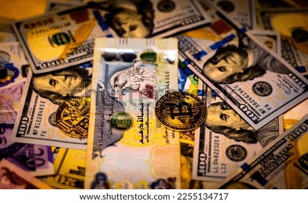 euro banknotes and coins, dollar banknotes with bitcoin. High quality photo