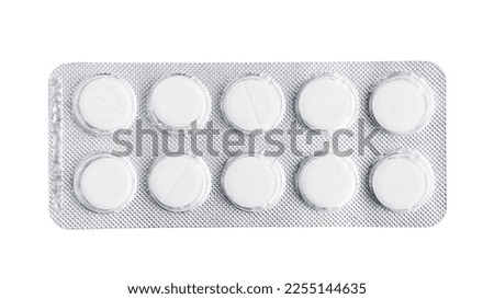Pills, tablets in a blister pack isolated on white background, top view, healthcare and medicine concept. Royalty-Free Stock Photo #2255144635