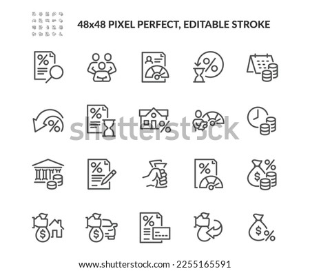 Simple Set of Credit Rating Related Vector Line Icons. Contains such Icons as Mortgage, Guarantors, Bank building and more. Editable Stroke. 48x48 Pixel Perfect.
 Royalty-Free Stock Photo #2255165591