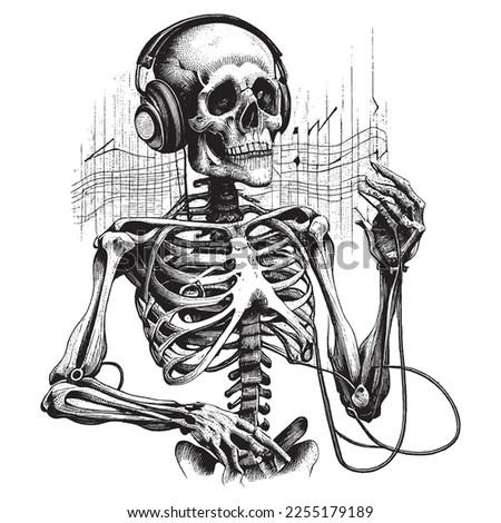 Skeleton Using Headphones Vintage Illustration, Hand drawn skull, vector illustration in vintage engraving pen and ink style.