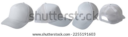 Set of white trucker cap hat mockup template collection, various angle isolated on white Royalty-Free Stock Photo #2255191603