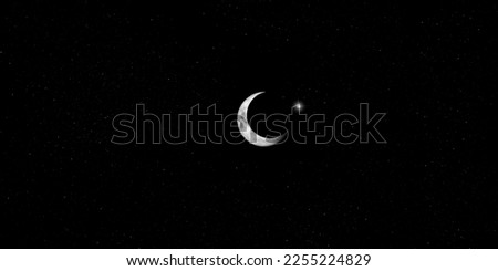 crescent moon and shining stars in midnight dark sky