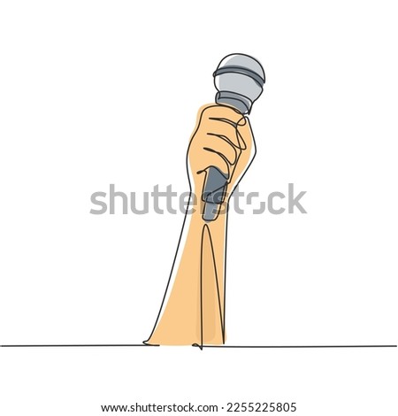 Continuous one line drawing female hand holding microphone isolated on white background, clipping path. Karaoke people sings the song to microphone. Single line draw design vector graphic illustration