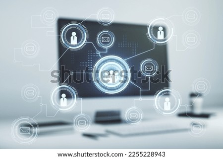 Social network concept with modern laptop on background. Multiexposure