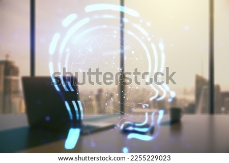 Creative artificial Intelligence concept with human head sketch and modern desktop with pc on background. Double exposure