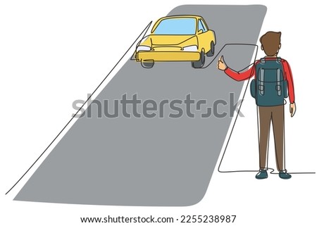 Single continuous line drawing hitchhiking road travel. Man with big backpack stopped ride by thumbing. Vacation and trip concept for banner, website. One line draw graphic design vector illustration