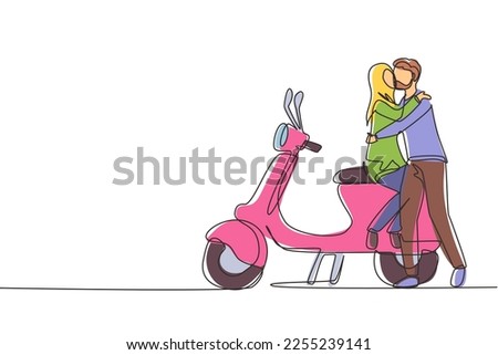 Single continuous line drawing scooter, travel, couple, adventure, ride concept. Family couple travel by scooter. Happy Arab man and woman ride motorcycle. Dynamic one line draw graphic design vector
