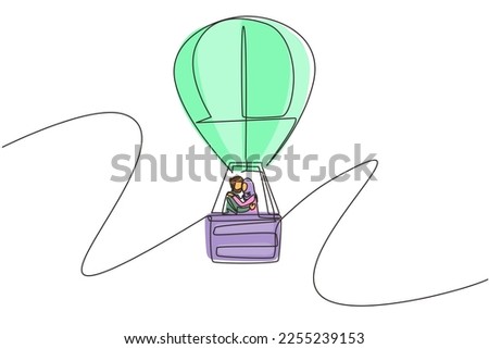 Single continuous line drawing illustration of love kissing Arabian couple in hot-air balloon in sky and clouds, amorous relationship. Romantic road trip, journey. One line draw graphic design vector