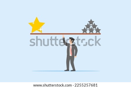 QUALITY AND QUANTITY. BUSINESSMAN TRYING TO BALANCE QUALITY AND QUANTITY, SYMBOLIZED AS BRIGHT STAR AND GREY STARS.  Royalty-Free Stock Photo #2255257681