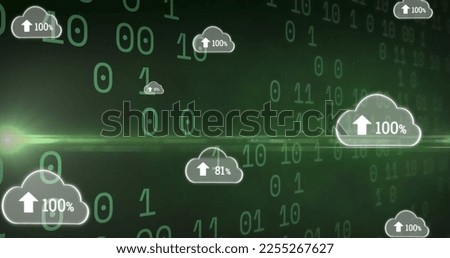 Image of clouds with uploading over binary code on green background. data processing, cloud computing and technology concept digitally generated image.